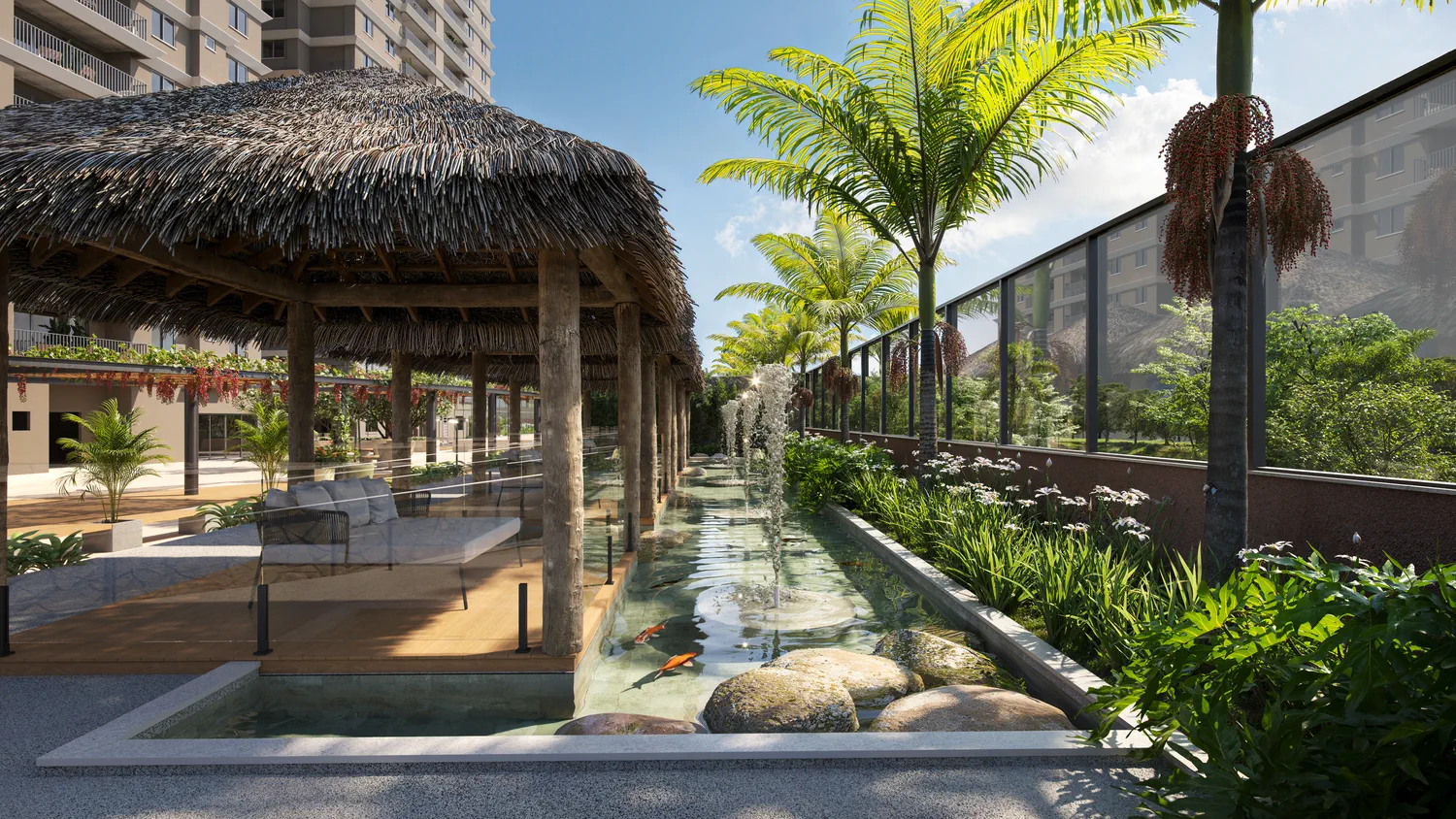 Lago ornamental com gazebos de contemplação