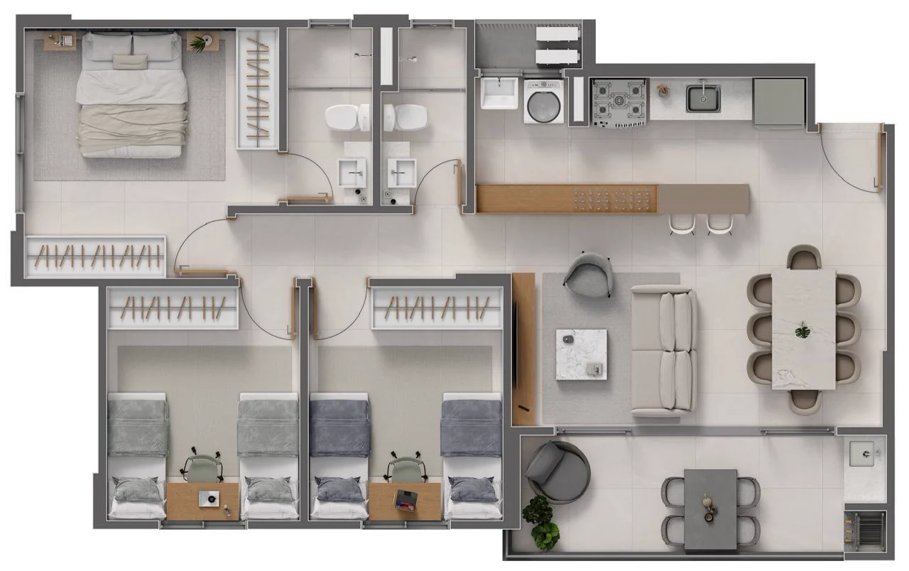 Planta do apartamento de 3 quartos, 83m²